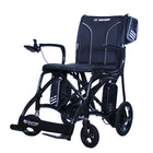 Black electric wheelchair with visible branding on a white background