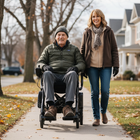 Man in a wheelchair being pushed by a woman on a sidewalk with houses and trees in the background.
