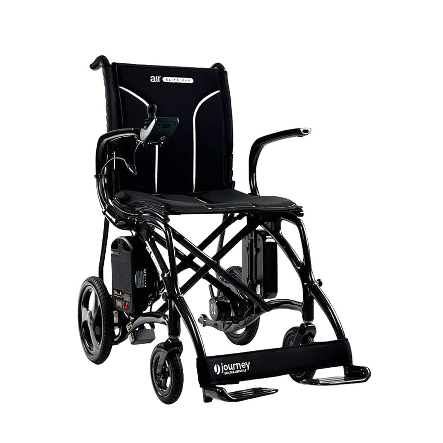 Black electric wheelchair with 'Journey' branding on a white background