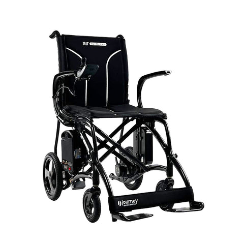 Black electric wheelchair with 'Journey' branding on a white background