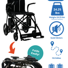 Black wheelchair with features highlighted on a white background